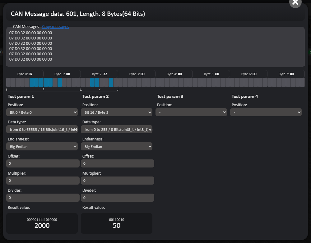 Ausgewählte ID analysieren. Position — Signalbeginn; Data type — Länge und Typ; Endianness — Bytereihenfolge. Beispielergebnis: 2000 und 50.