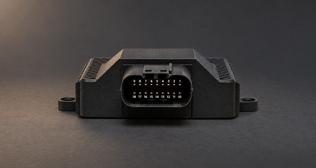 Блок BiMatrix Mini з 18-контактним роз'ємом і його вигляд спереду. Фіксатор зверху; кутові контакти: 9 і 1 у верхньому ряду, 18 і 10 у нижньому.