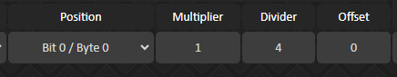 CAN Inputs: Position und Umrechnung. Das Beispielfeld beginnt bei Bit 0 / Byte 0. Multiplier = 1, Divider = 4, Offset = 0: Die empfangene Zahl wird durch 4 geteilt.