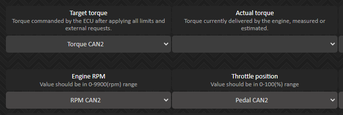 Signalquellen für 8HP. Die Quelle wird unter dem Parameternamen ausgewählt, etwa RPM CAN2 unter Engine RPM. Der Screenshot zeigt Beispielzuweisungen.