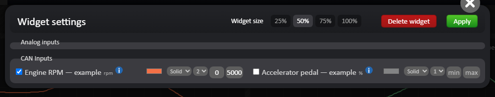 Live-Widget einrichten. Widget settings: Signal, Farbe und Skala auswählen. Gezeigt ist eine Beispieldrehzahl.