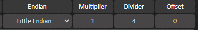 CAN Outputs: Rückumrechnung. Bei Multiplier = 1, Divider = 4 und Offset = 0 wird der Quellwert mit 4 multipliziert. Little Endian legt die Feld-Bytereihenfolge fest.